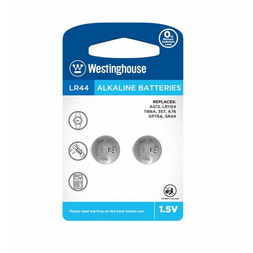 Foto - Westinghouse gombíková alkalická batéria LR44 (LR44, AG13, LR1154, 1166A, 357, A76, GP76A, SR44) - 2 kusy; 1,5V