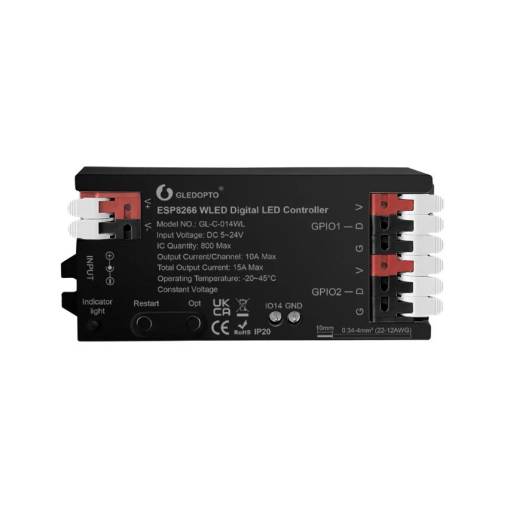 Foto - Wifi chytrý kontroler digitálnych WLED pások - ESP8266, WLED Native, 5-24VDC, 15A